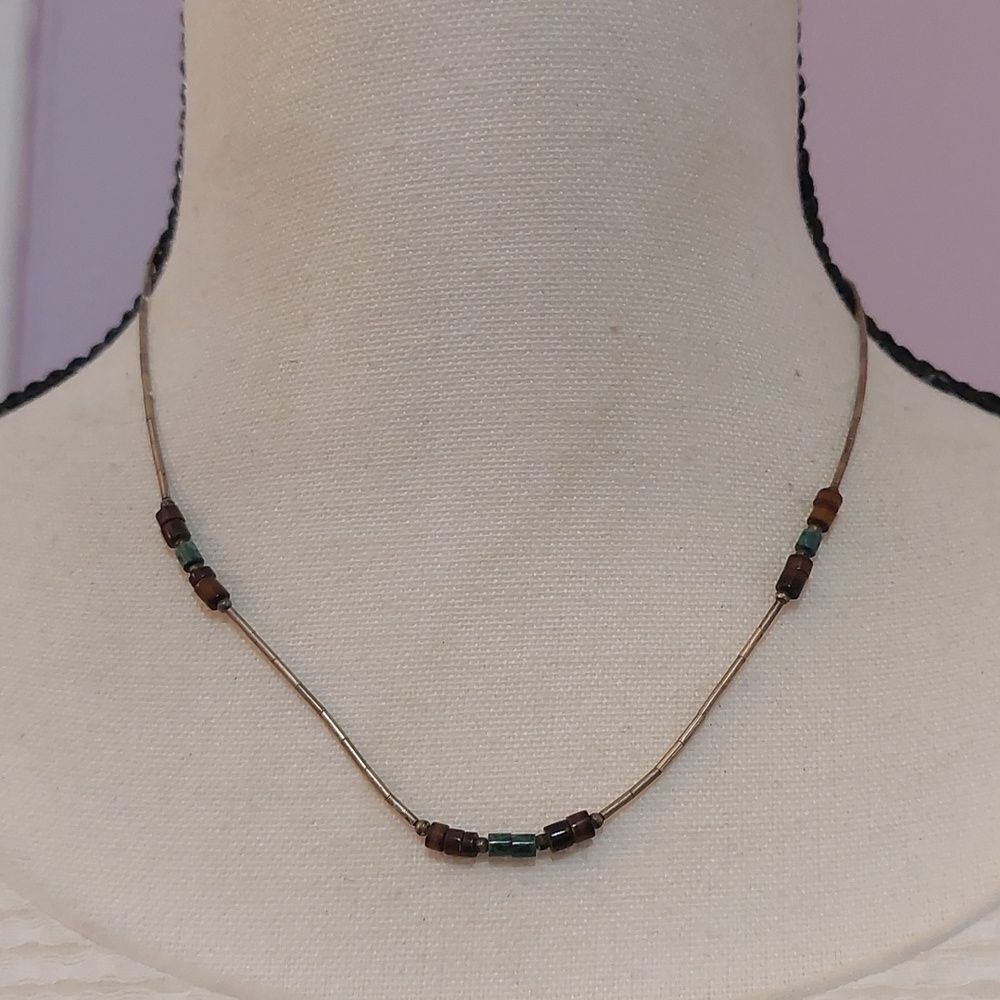 Native American Turquoise Red Horn Heishi Bead Station Liquid Silver Necklace